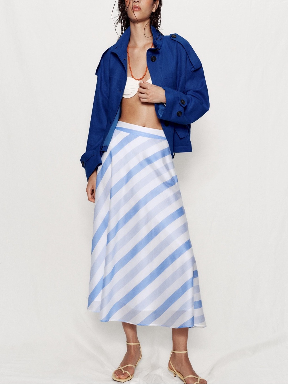 Zara Blue & White Diagonal Stripe Midi Skirt